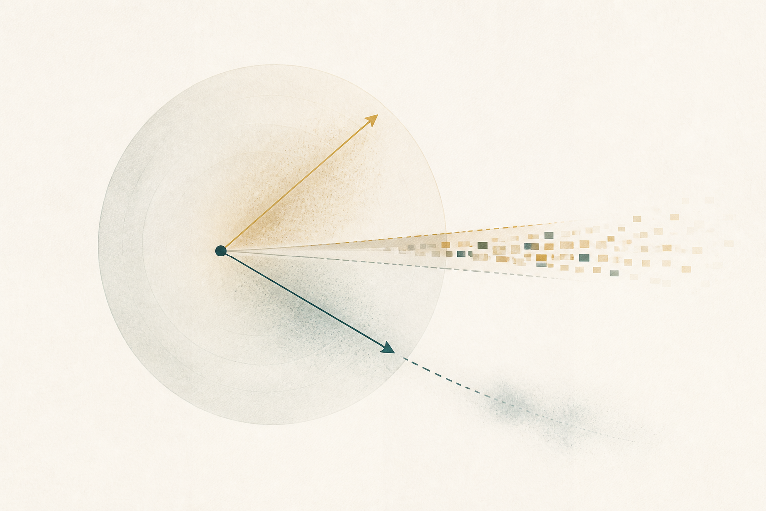 Abstract editorial illustration of a latent direction separating into gold and teal axes beside a stream of small squares. It is not an experimental result.
